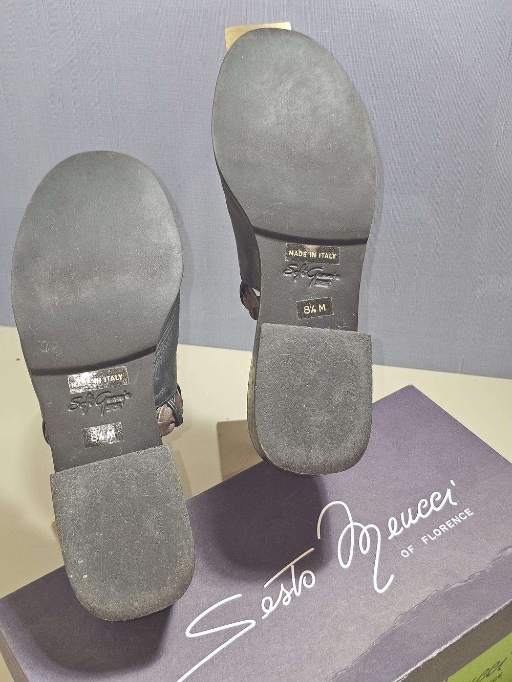Sesto Meucci Black Leather Open-Back Mules with Brown Braided Trim Wood Stack - Picture 12 of 15